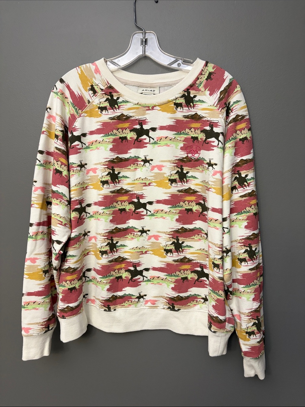 Ariat Cream Crewneck Sweater with Rust, Mustard, & Red Western Print - Size XXL